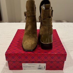 Tory Burch Toasted Sesame Suede Buckle Ankle Boots